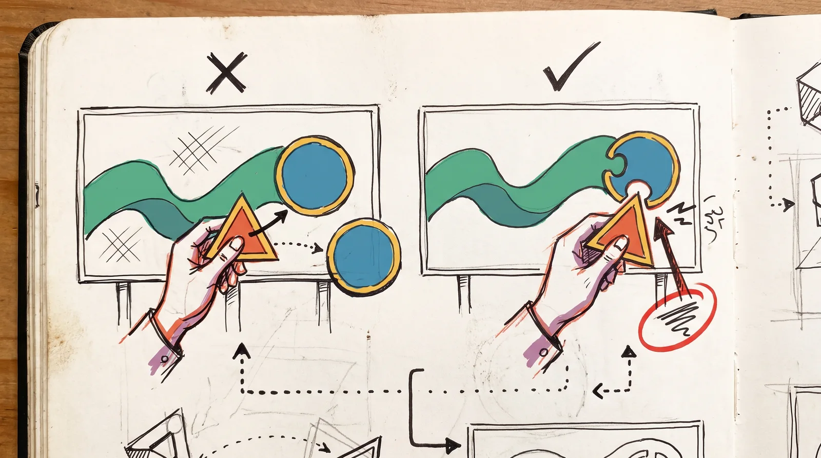 Two billboards: on the first a triangle emblem slides into place at the end of a wavy ribbon, and on the second the ribbon's round notch will not take the triangle.