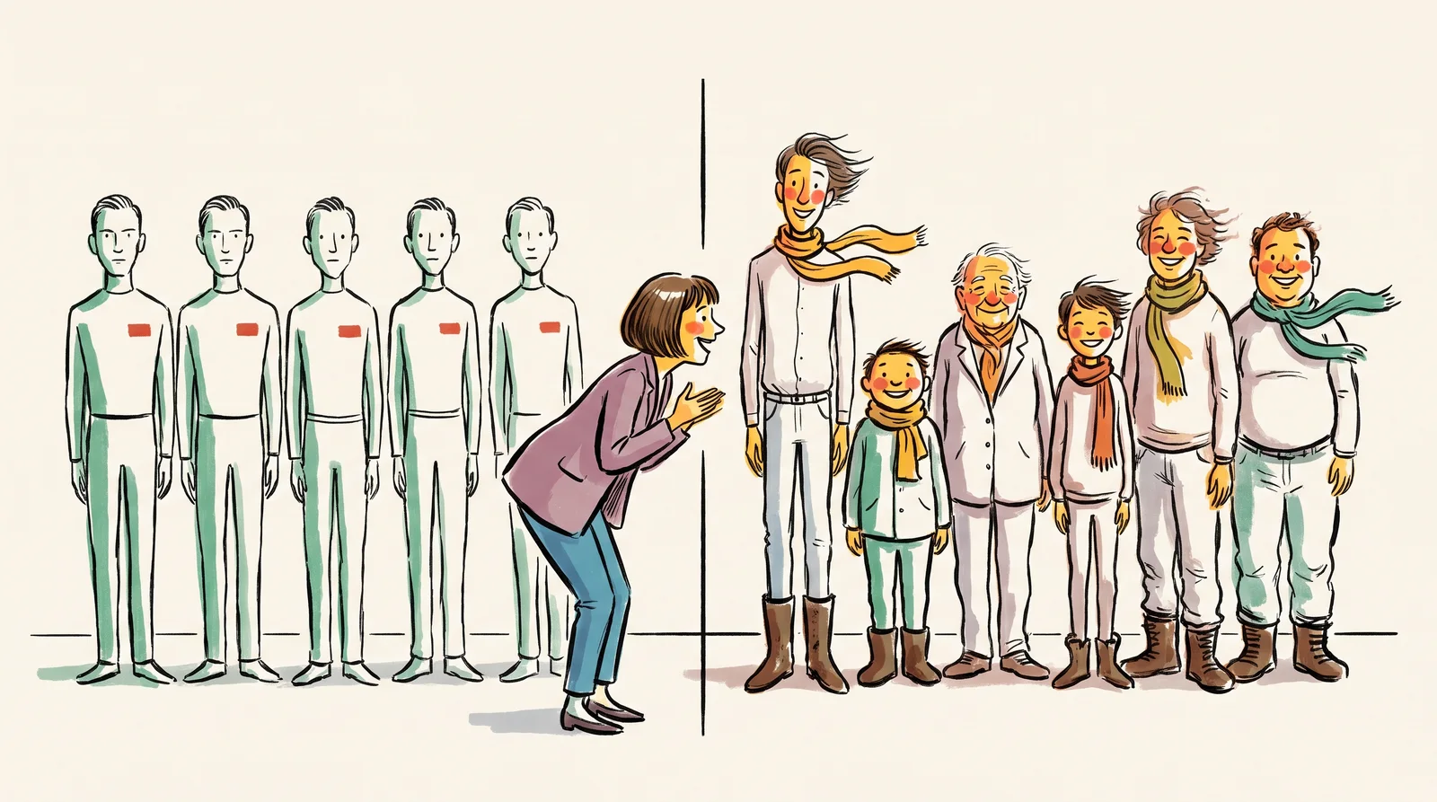 On the left a row of near-identical people stand stiffly, and on the right people of different ages and builds with windswept hair, rosy cheeks and muddy boots stand smiling as a casting director leans toward them.