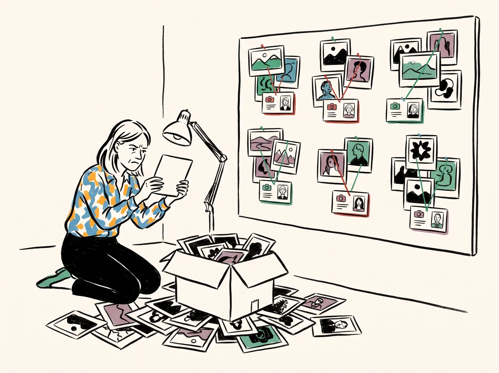 A designer kneels by an overflowing box of loose prints holding one up in confusion, while behind her a tidy board pins each picture by a thread to a small card with a camera and a photographer's portrait.