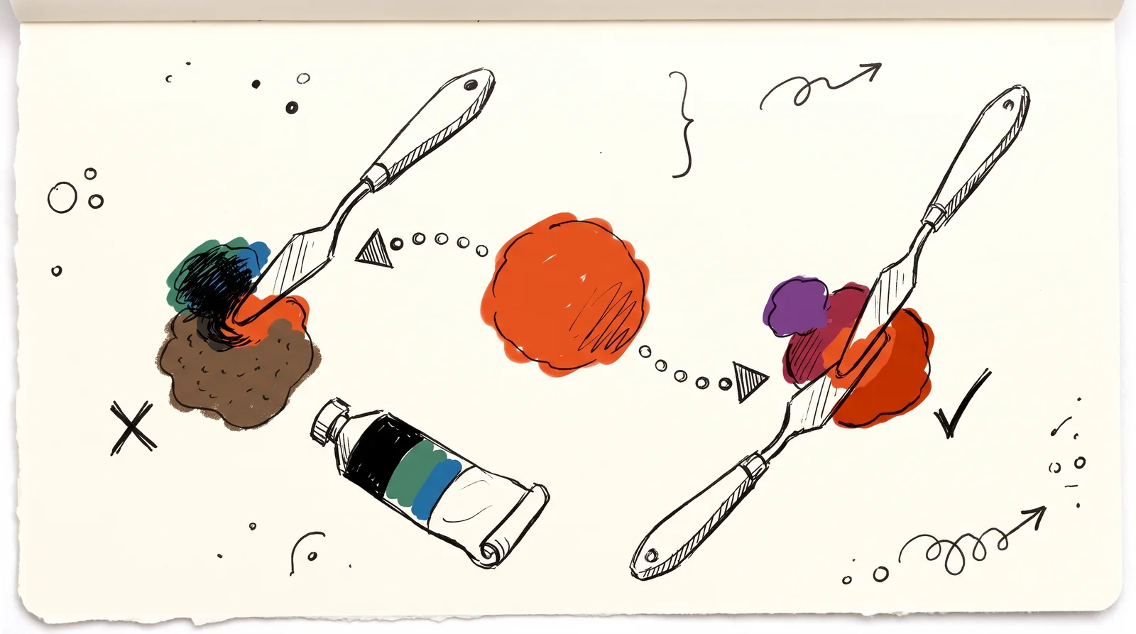 A paint slab with a bright orange blob in the middle, a muddy brown mix made with black on the left and a rich deep orange-red mix on the right.