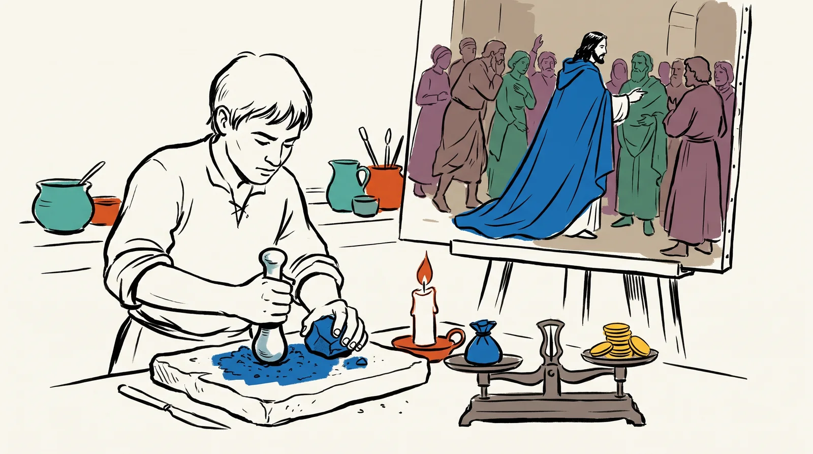 In an old workshop an apprentice grinds blue stone beside a scale where a pouch of blue powder outweighs gold coins, with a painting behind where only the central figure wears blue.