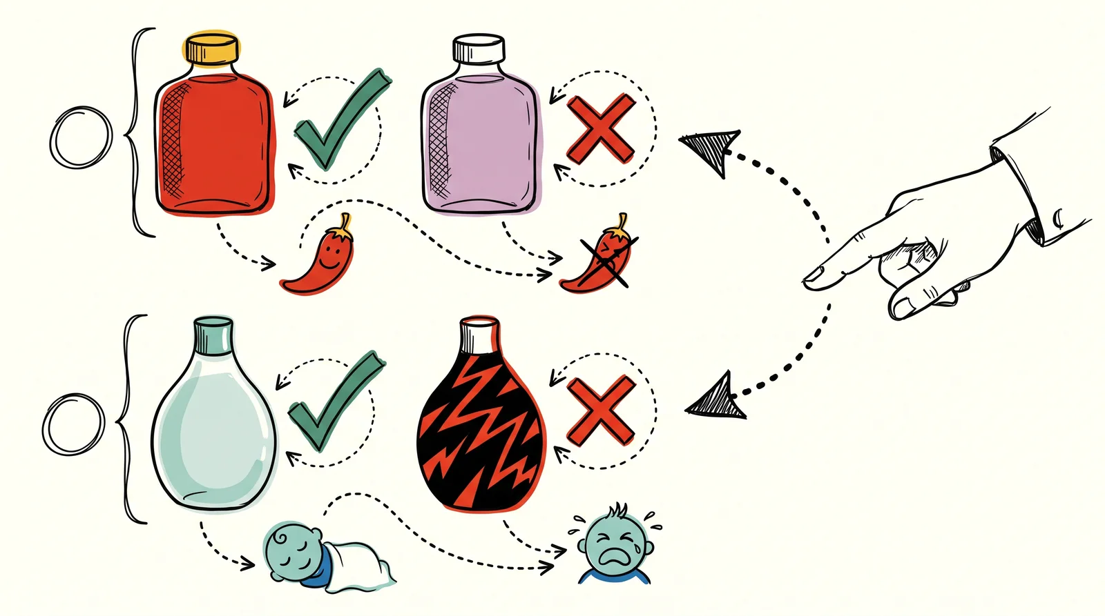 A chilli sauce bottle in red and in pale purple, and a baby lotion bottle in soft green and in black with red stripes, with ticks on the red sauce and the soft green lotion.