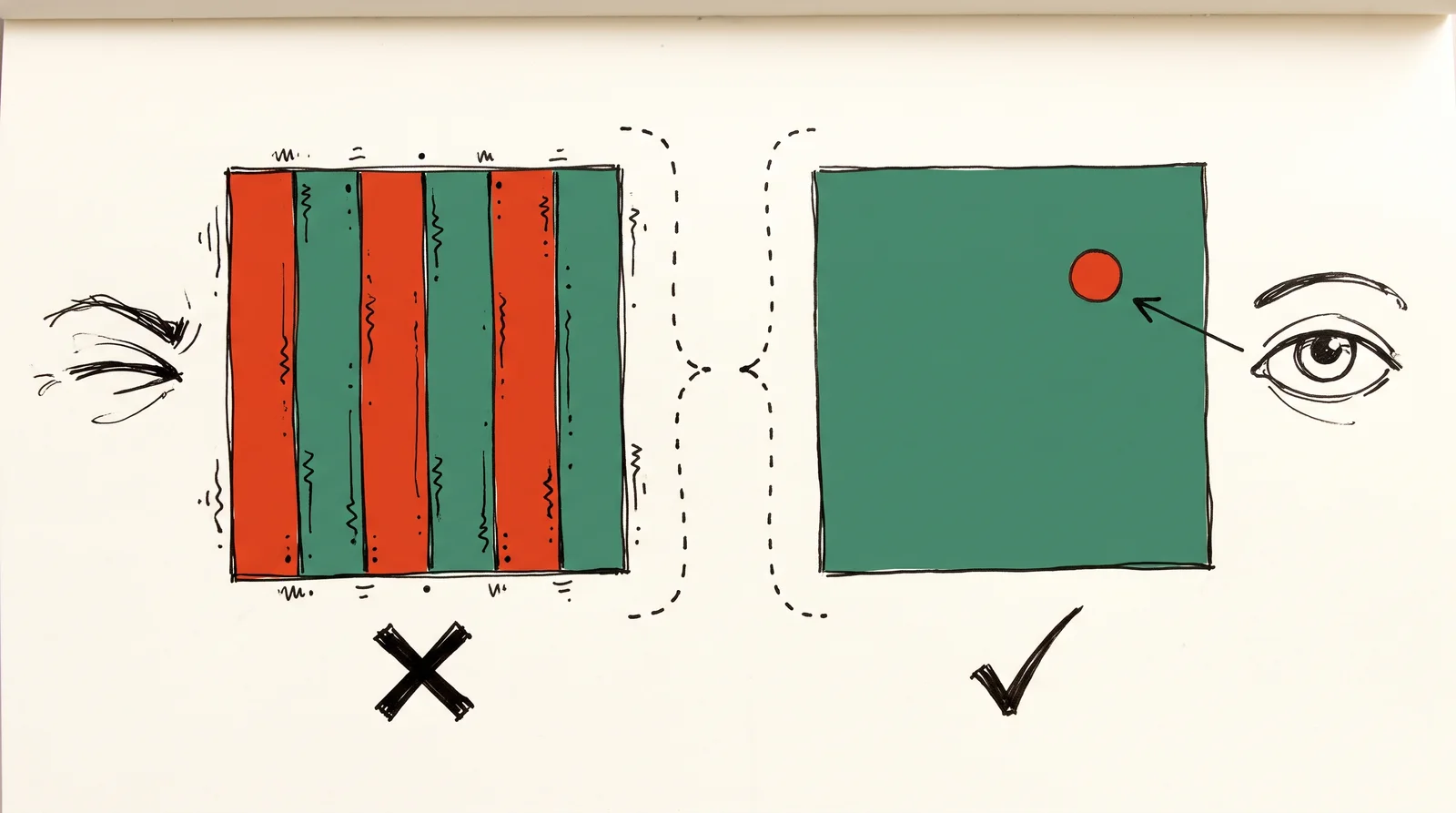 One card striped half red and half green with jittery marks, beside a mostly green card holding a single small red circle.