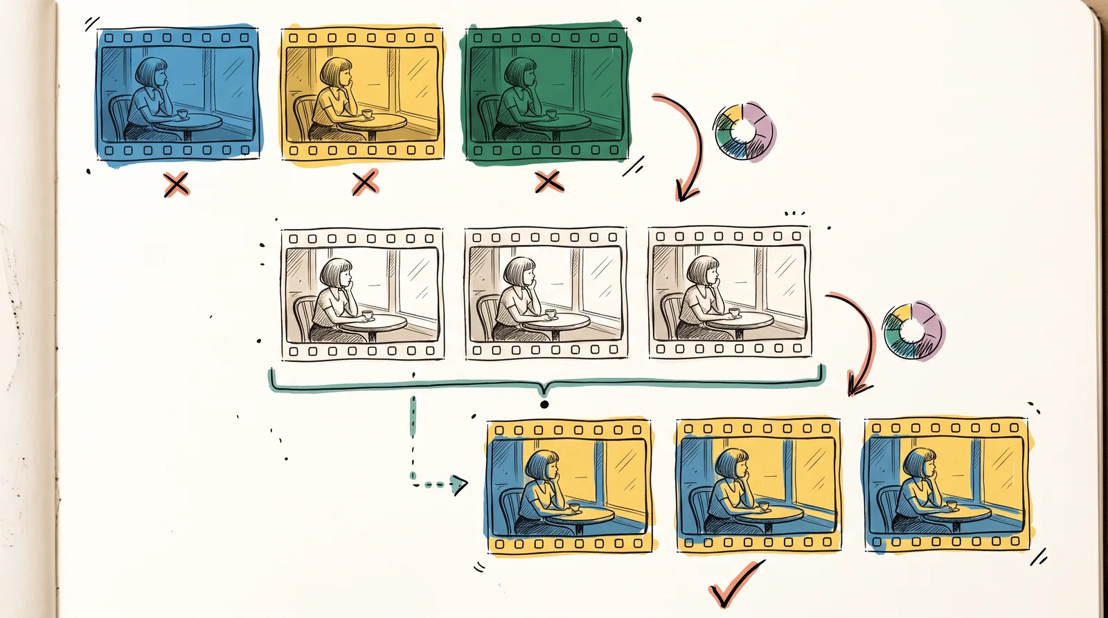 Three rows of the same café shot: mismatched colour casts at the top, neutral matching frames in the middle, and one warm shared look at the bottom.