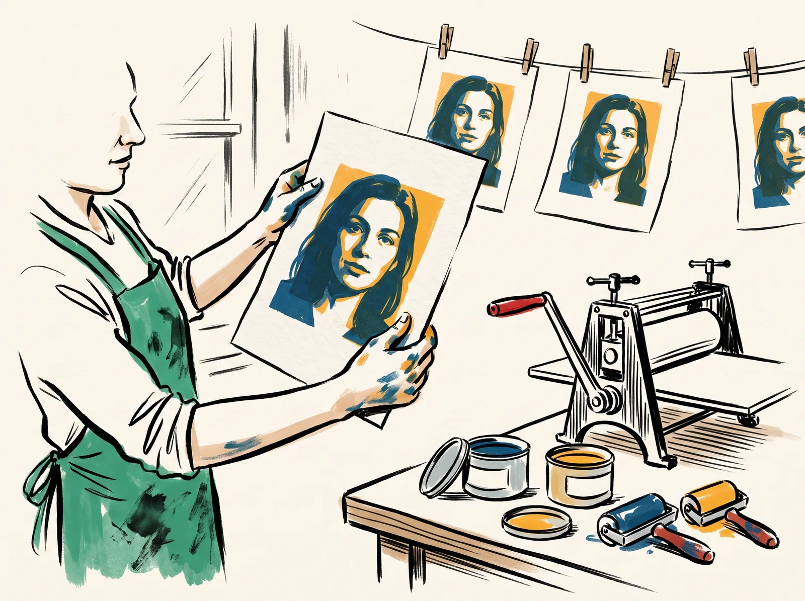 A printer in a workshop holds up a portrait printed in blue and yellow, with two ink tins and rollers on the bench and more prints drying overhead.