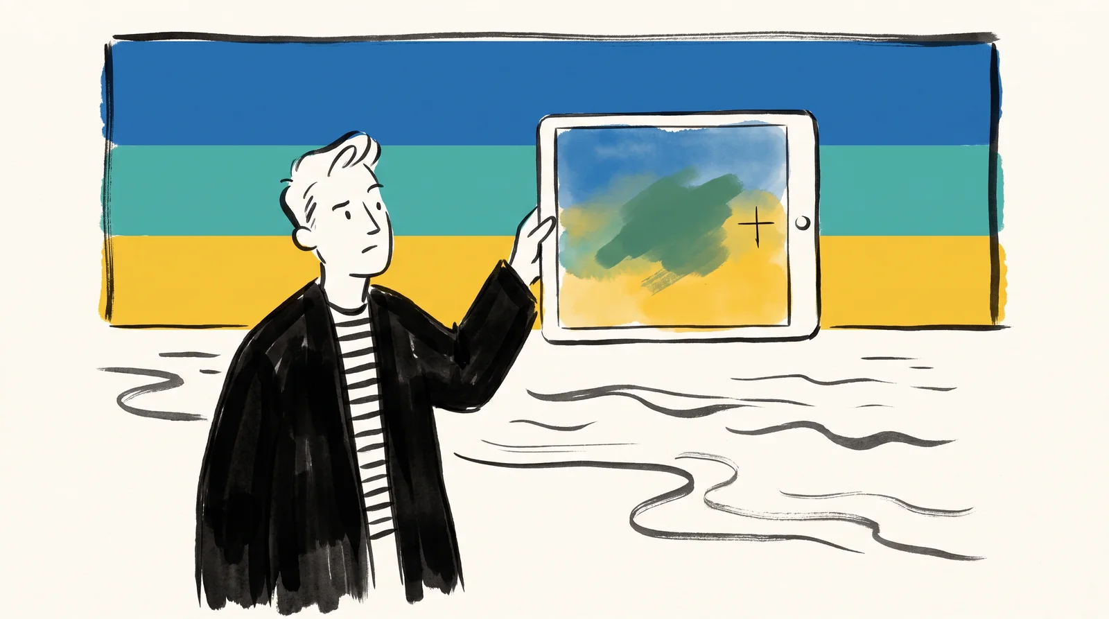 A designer on a beach at sunset holds up a tablet whose blue to yellow blend has a dull grey band in the middle, against a sky that shifts cleanly from blue to gold.