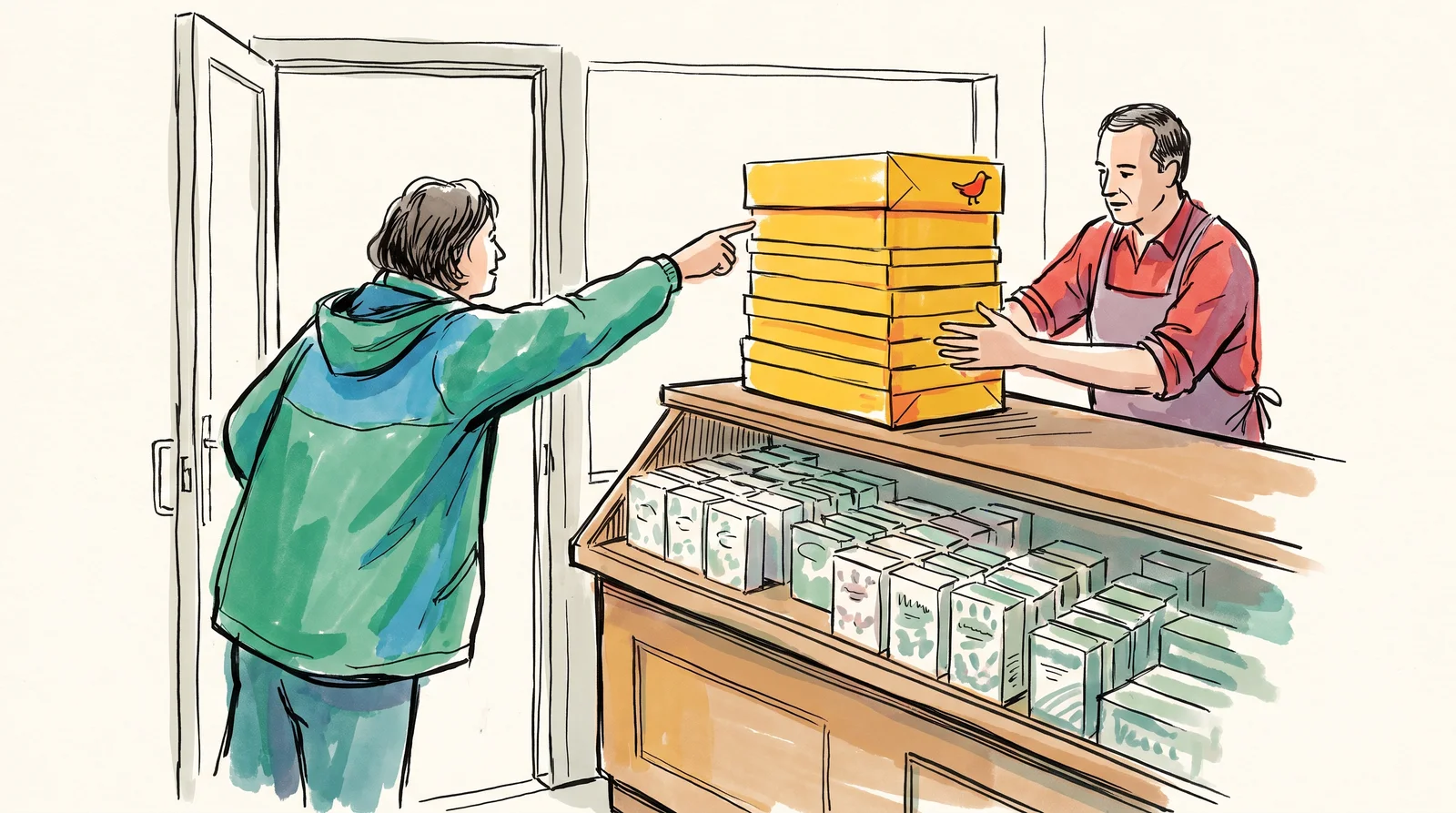 A customer in a shop doorway points at a stack of bright yellow boxes on a counter full of pale, detailed boxes.