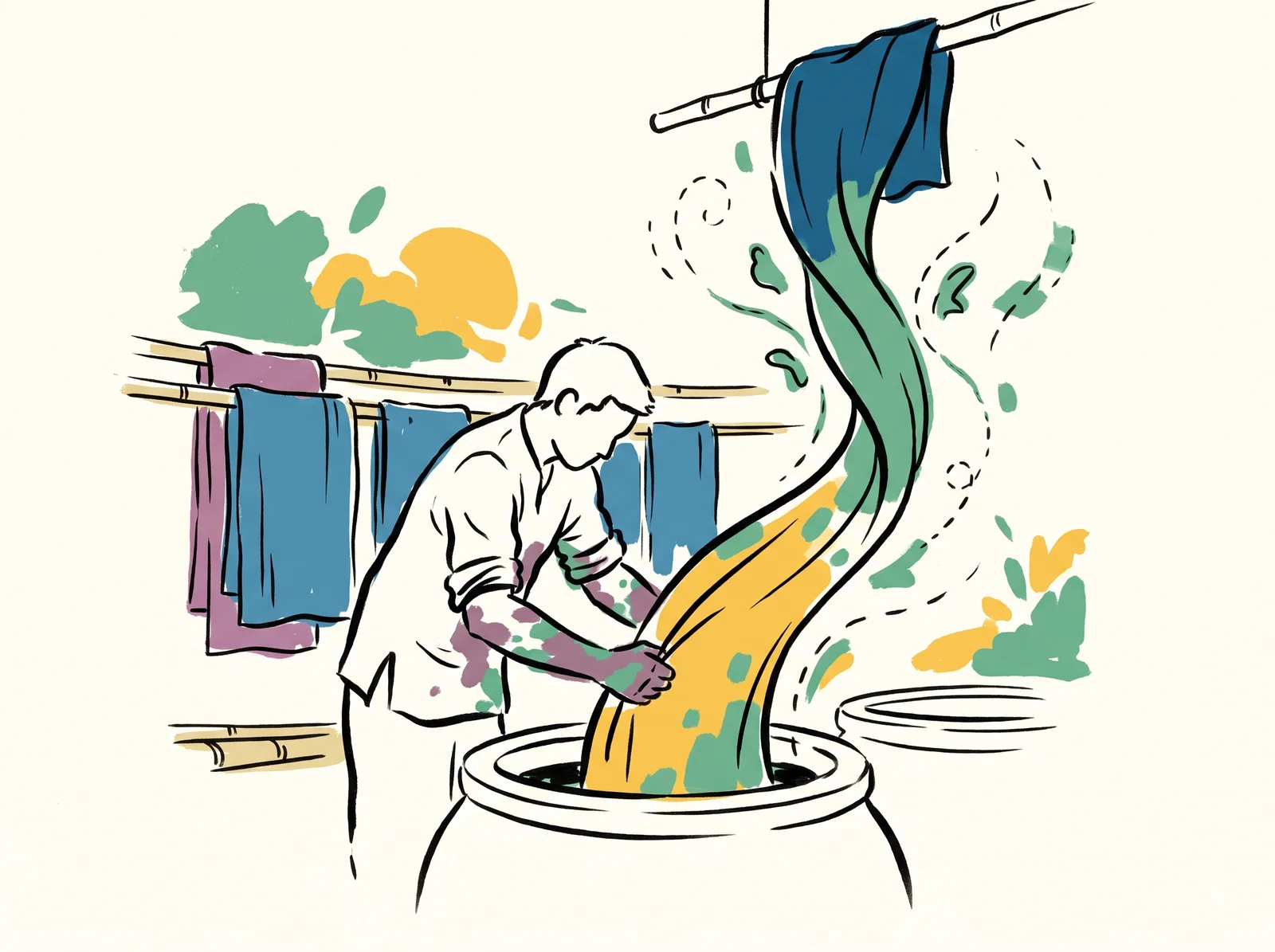 A dyer lifts cloth from a clay vat, the cloth yellow-green at the bottom and shading to deep blue at the top, with blue cloths drying on poles behind.