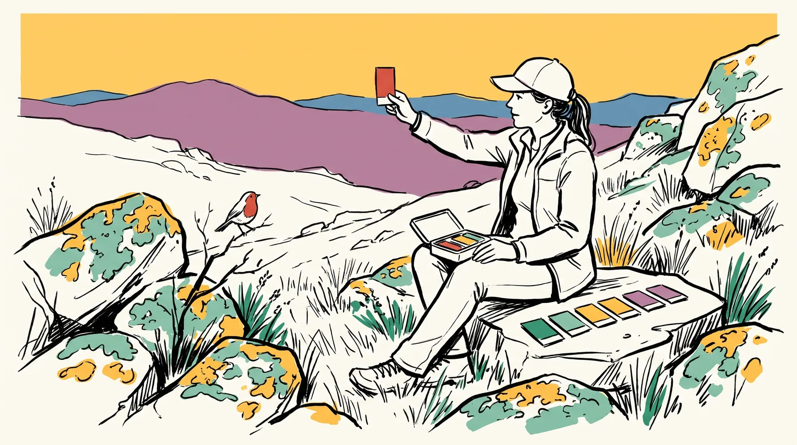 A designer on a hillside at dusk holds a paint chip up to the view, with lichen-covered rocks, a small orange-breasted bird and a row of matched chips beside her.