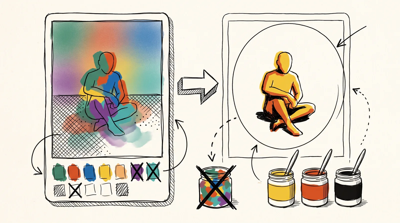 On the left a busy card crowded with colours and textures, on the right the same seated figure painted in yellow, orange and black on plain paper.