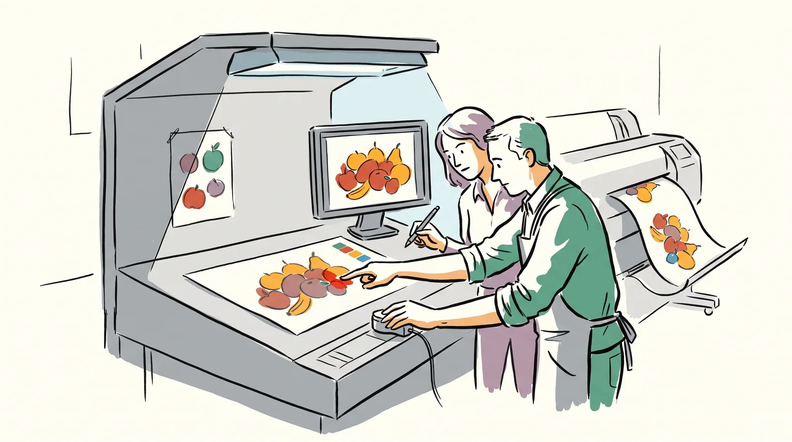 Two people at a grey viewing booth compare a printed fruit still life with the same picture on a monitor, one pointing at a patch of the print.