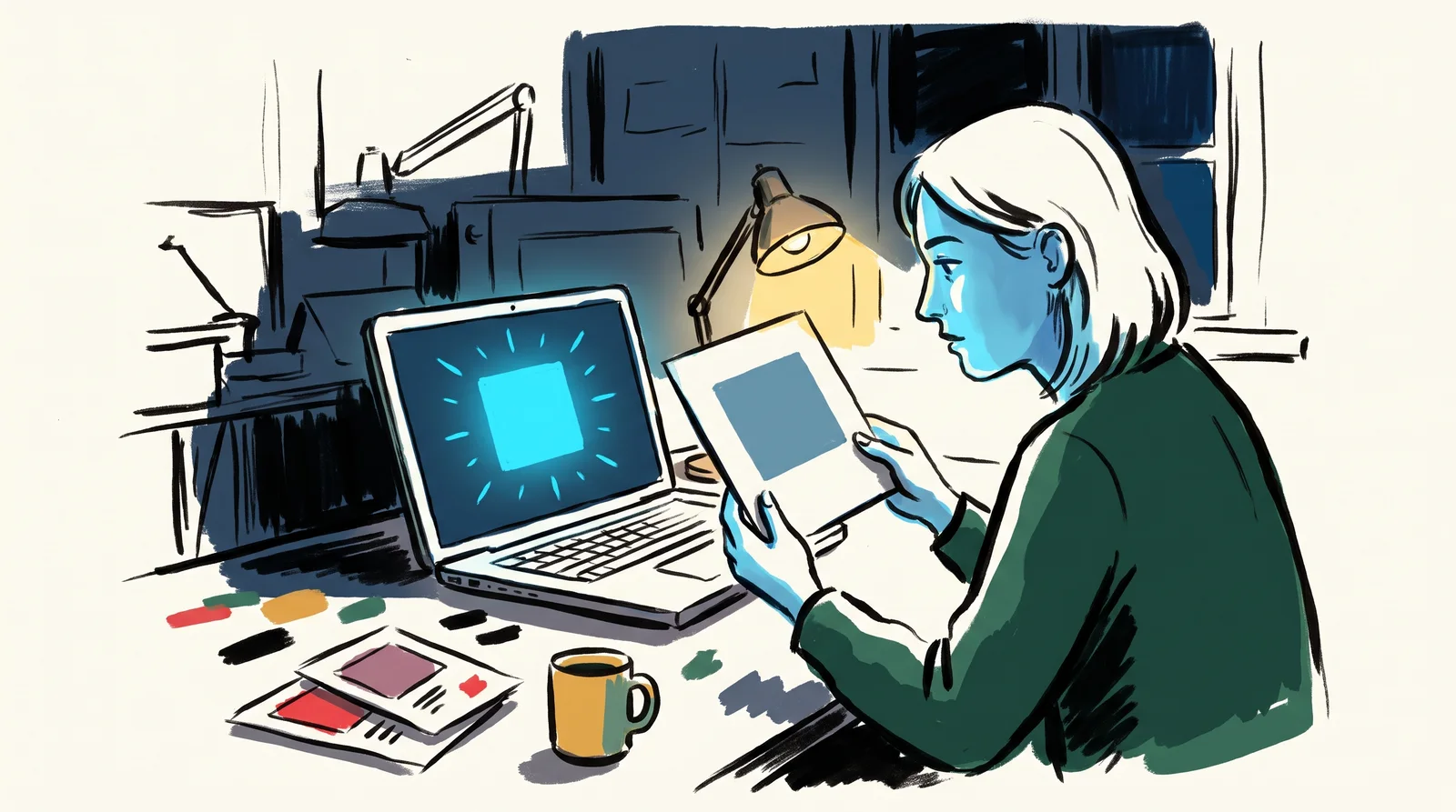 In a dim studio a designer holds a printed blue square next to a laptop showing a much brighter glowing blue square.