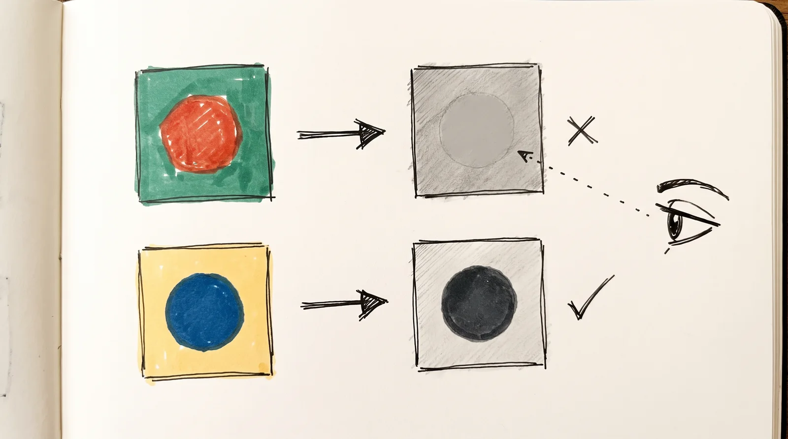 Two coloured cards, a red circle on green and a dark blue circle on pale yellow, each shown beside a grey copy where the red circle disappears and the blue one stays clear.