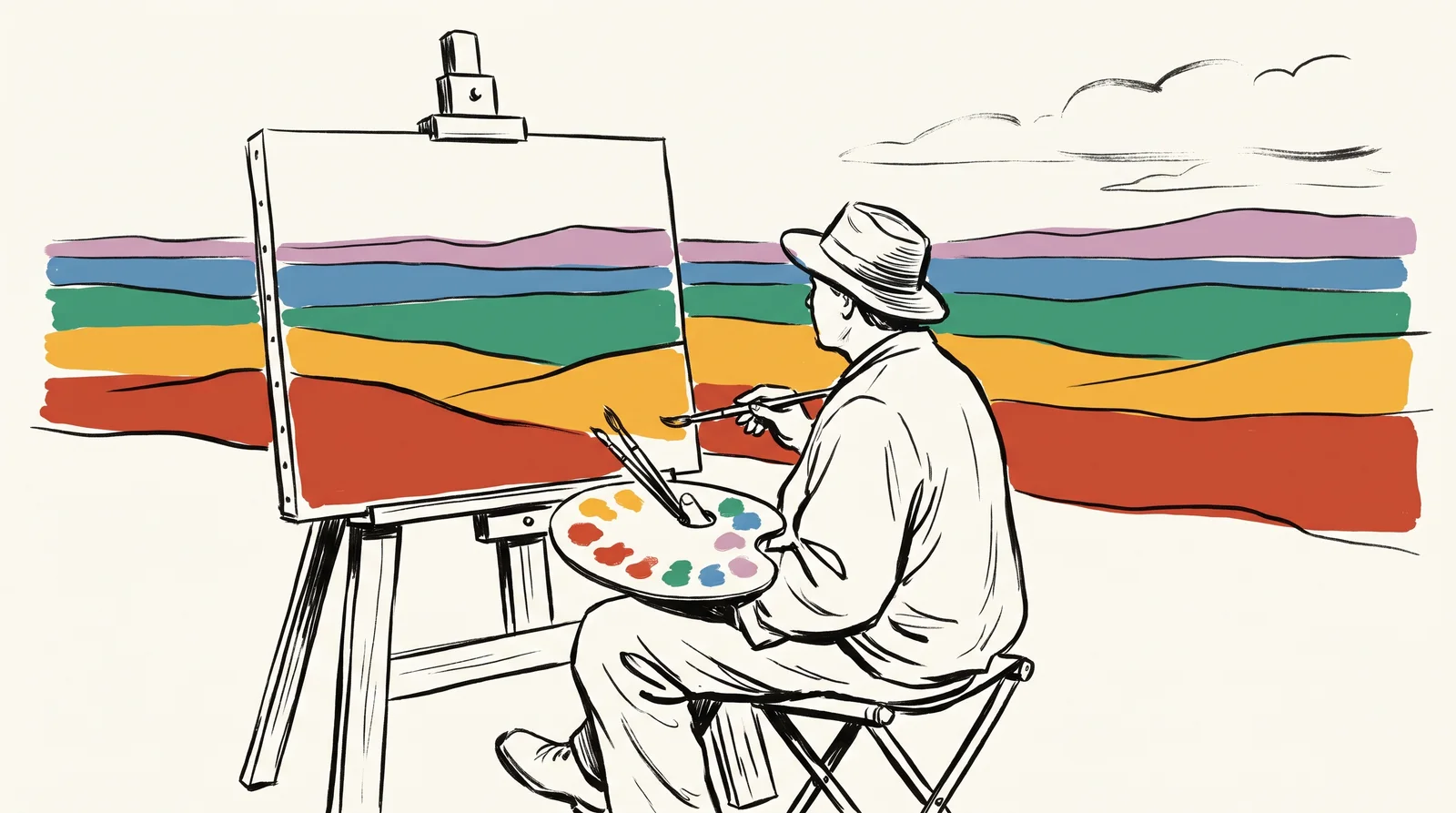 A painter at an easel paints a valley with orange and yellow hills in front and blue and purple hills in the distance.