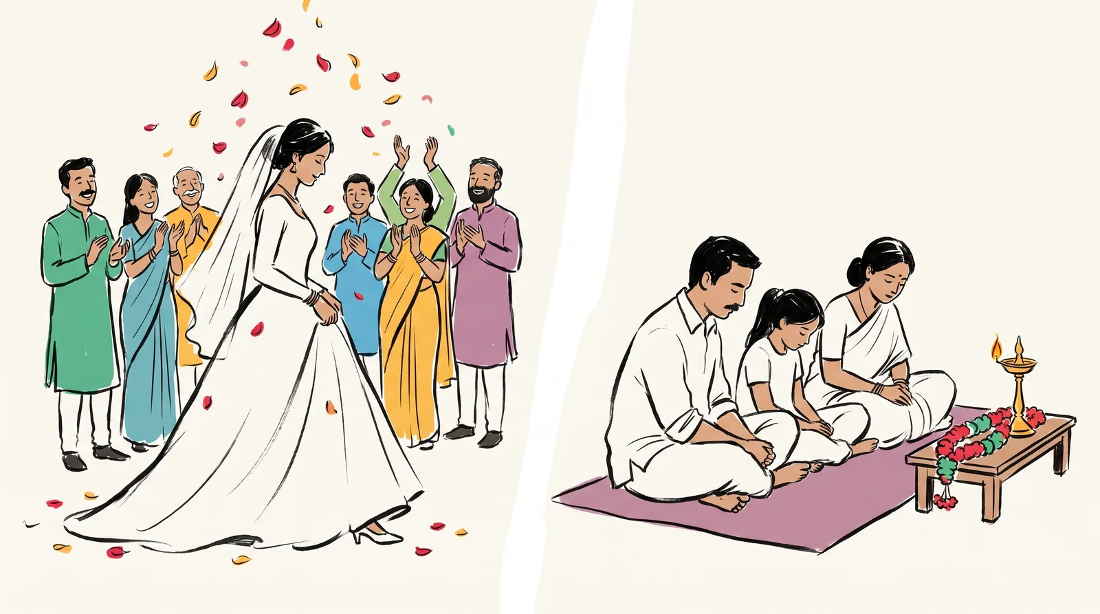 A split scene with a bride in a white gown under falling petals on the left and a family dressed in white sitting quietly at a memorial with an oil lamp on the right.