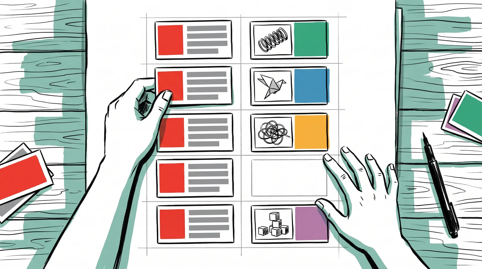Hands arranging cards in two columns on a table, with one empty space in the right-hand column.