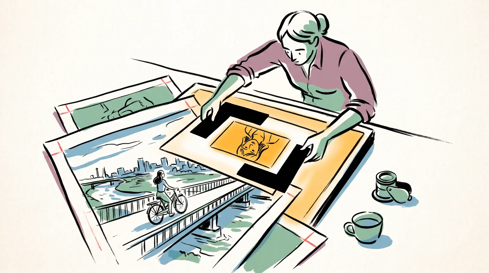 A picture editor at a light table frames a woman's face on a large print of a bridge using two L-shaped black cards.