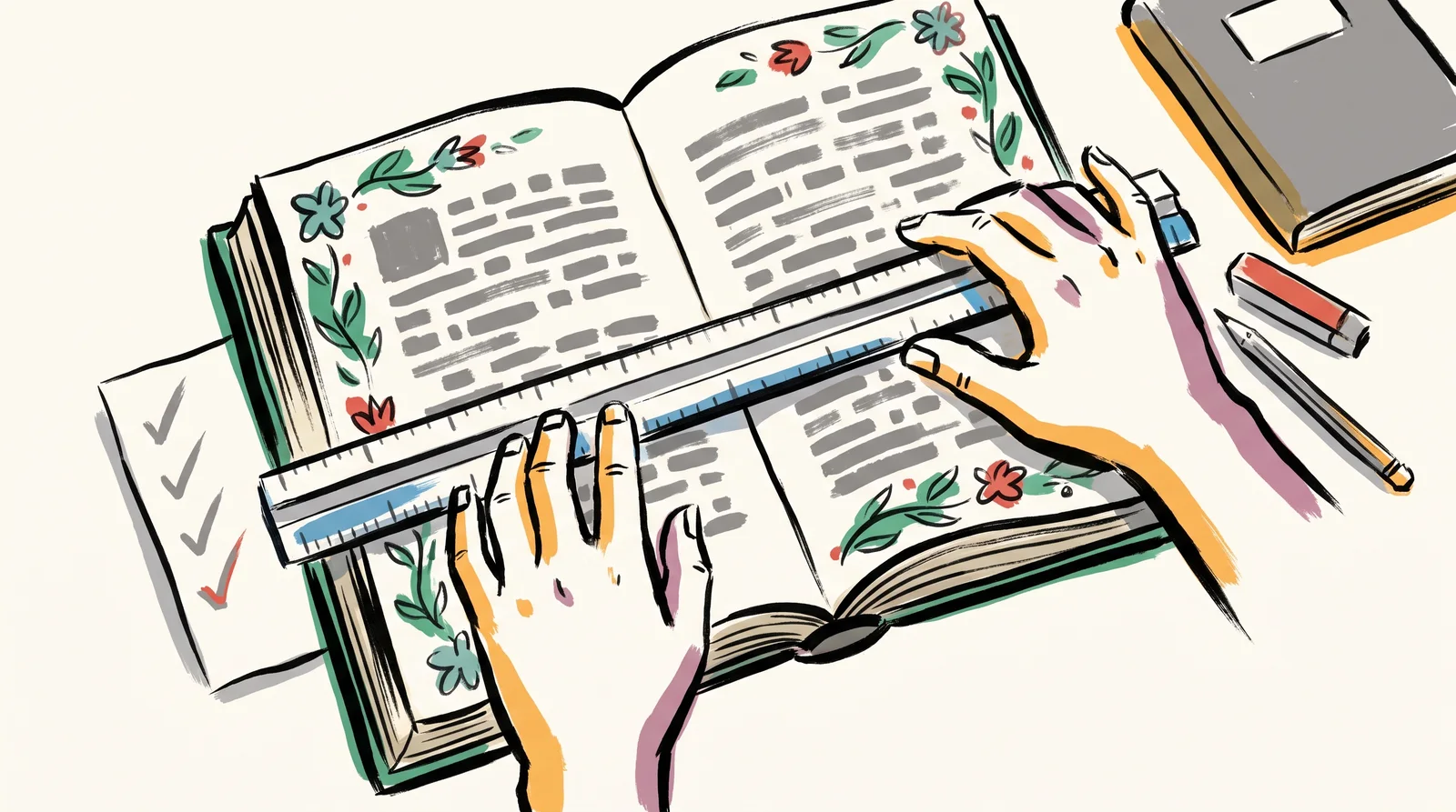 Two hands measuring the margins of an open decorated book with a steel ruler, with pencil ticks on a scrap of paper beside it.