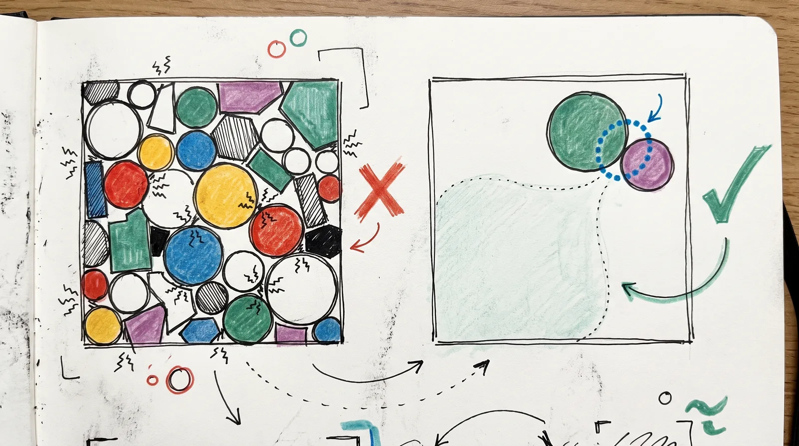 Two frames: one crowded with shapes pressing every edge, marked with a cross, and one with two nearly touching circles and a large empty area, marked with a tick.