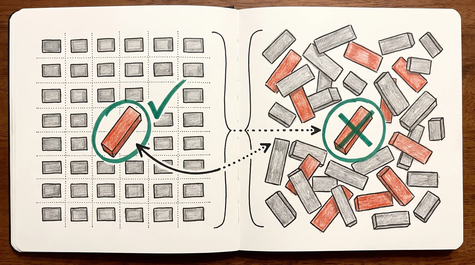 Two pages: a neat grid with one tilted red block that stands out, and a chaotic page of tilted blocks where the red one disappears.