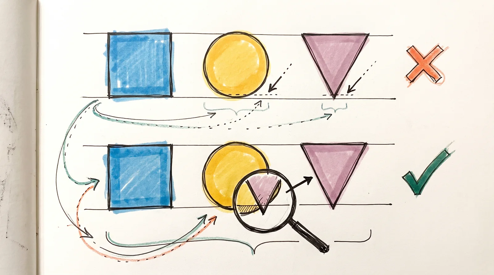 Two rows of a square, a circle and a downward triangle on a guide line, the top row exact but uneven-looking with a cross, the bottom row with a small overshoot and a tick.
