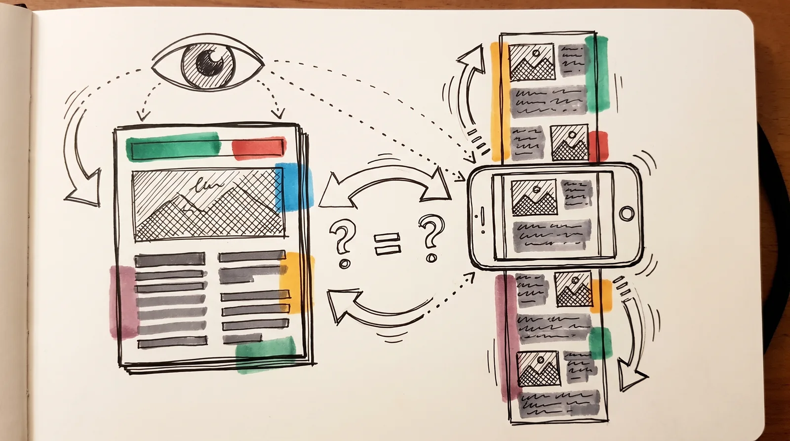 A whole printed page beside a long strip of content scrolling upward behind a small phone-shaped window.