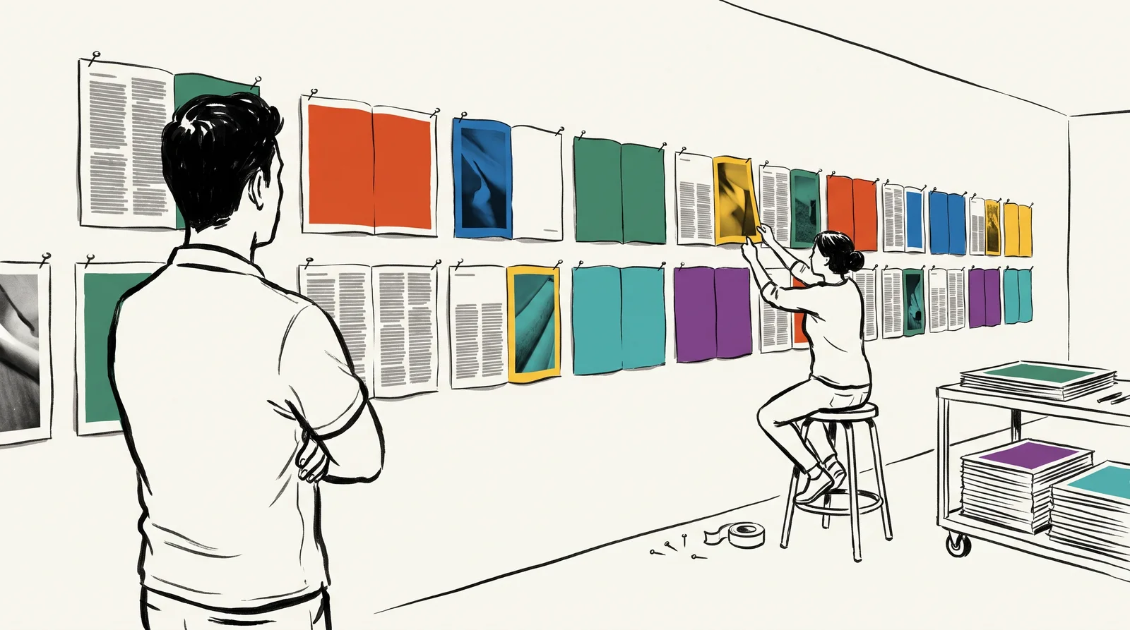 A designer studies a long row of pinned magazine spreads on a studio wall, alternating dense text pages and open picture pages, while a colleague moves one.