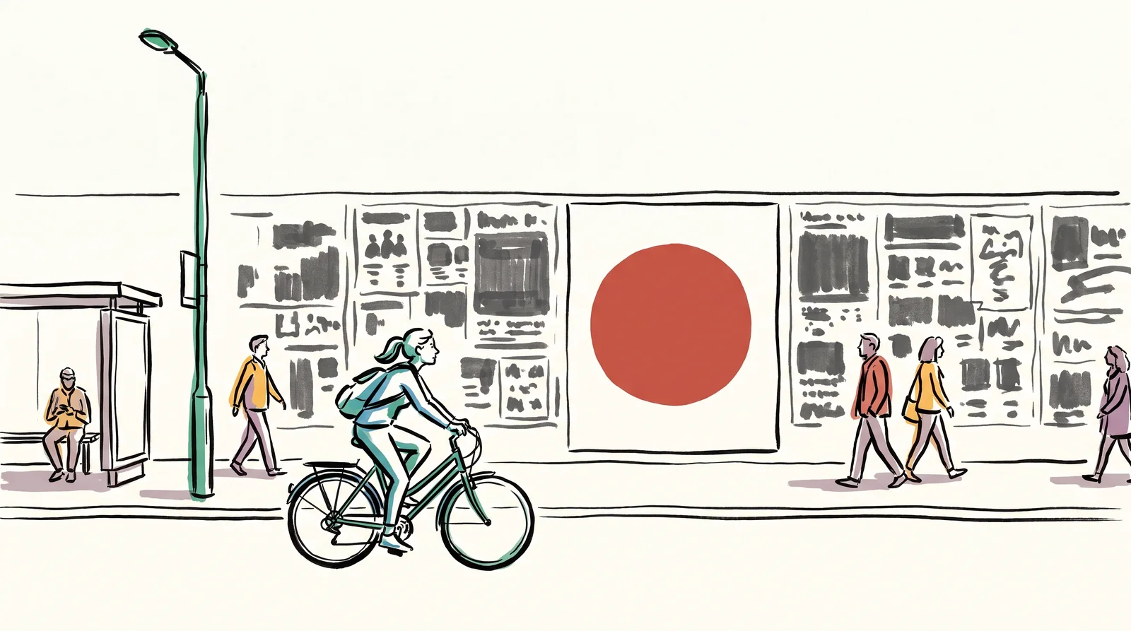 A cyclist passing a wall of cluttered posters turns her head towards the one poster showing a single large red circle.