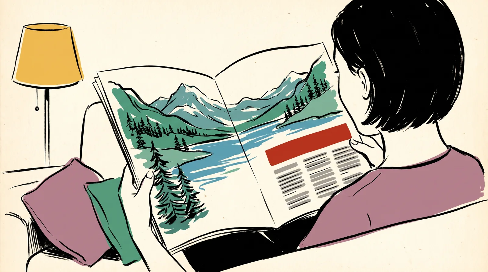 Over-the-shoulder view of a woman on a sofa reading a magazine spread where a lake photograph crosses the fold towards a dark headline block and columns of text.