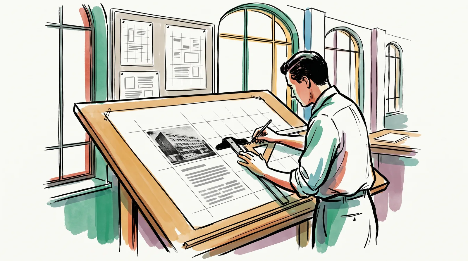 A designer at a drafting table ruling a pencil grid on a poster sheet with a T-square, with a photograph and text blocks placed on the grid.