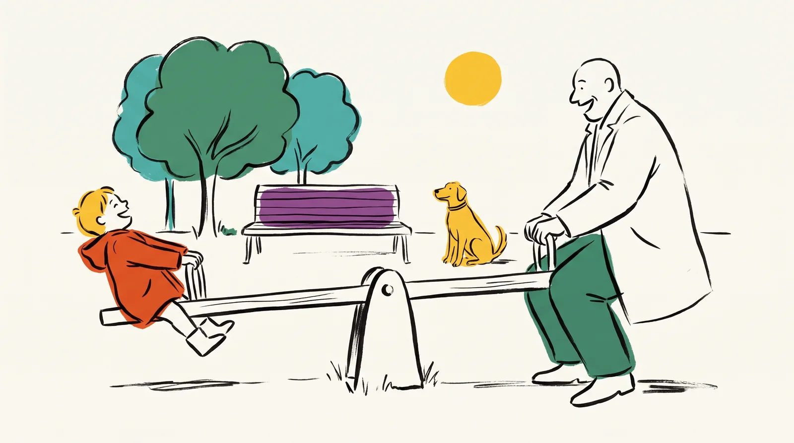 A level seesaw in a park with a small child in a dark coat at the far end and a large adult in a pale coat close to the pivot.