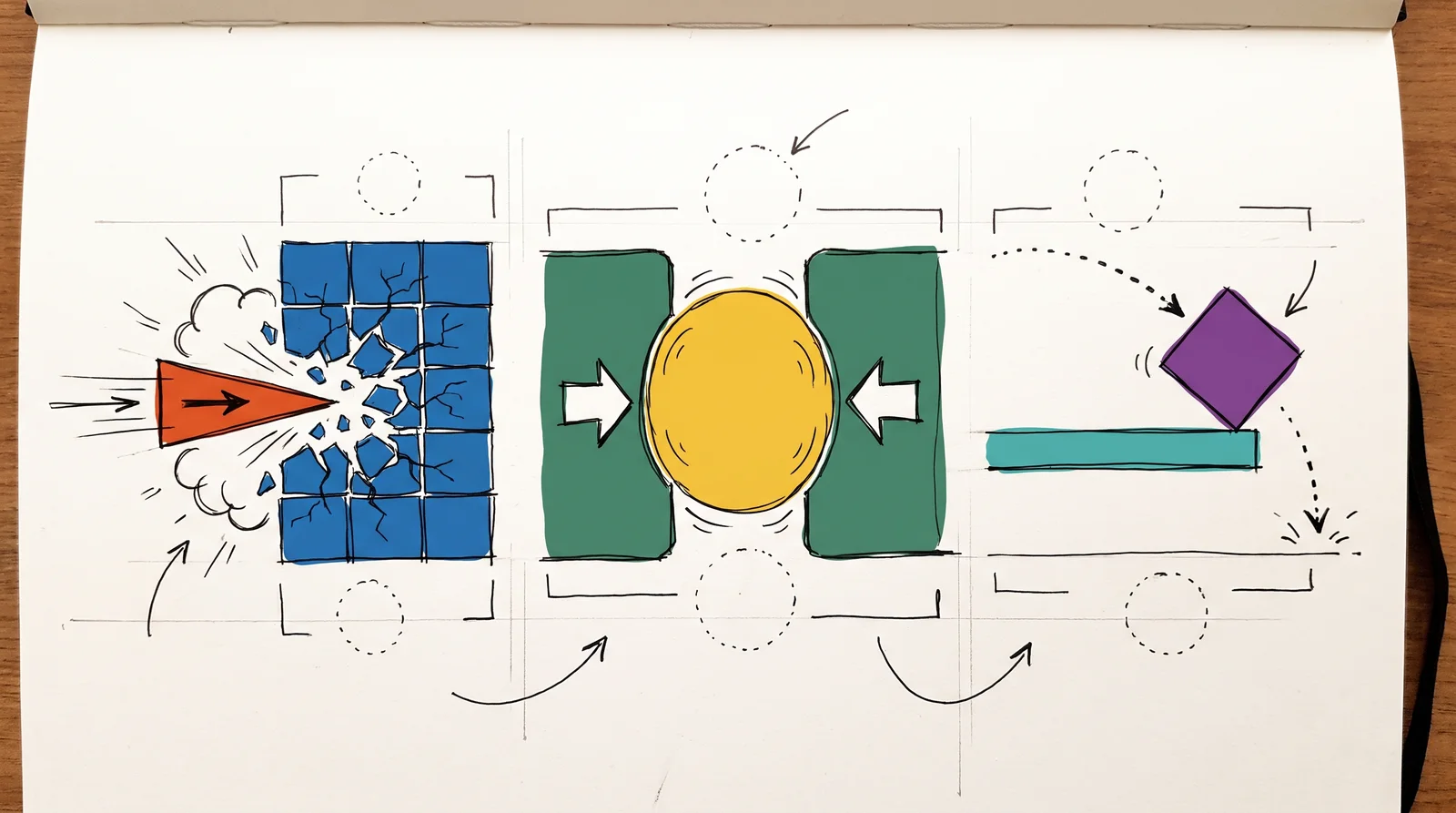 Three shape scenes: a red wedge cracking a wall of blue squares, a yellow circle squeezed between green blocks, and a purple square tipping off a ledge.