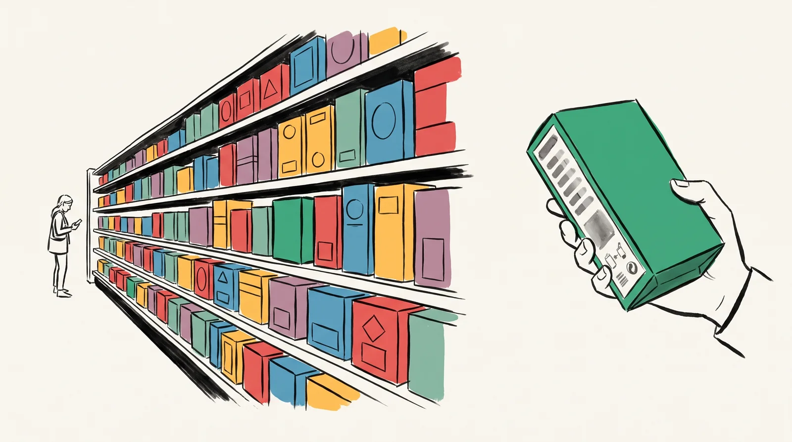 A shopper looking down a long shelf of colourful boxes, and a close view of her hand turning a green box to read its side panel.