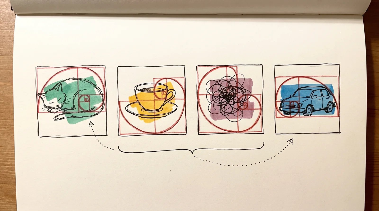 Four small pictures of a cat, a teacup, a scribble and a car, each with the same red spiral drawn over it at a different size and angle.