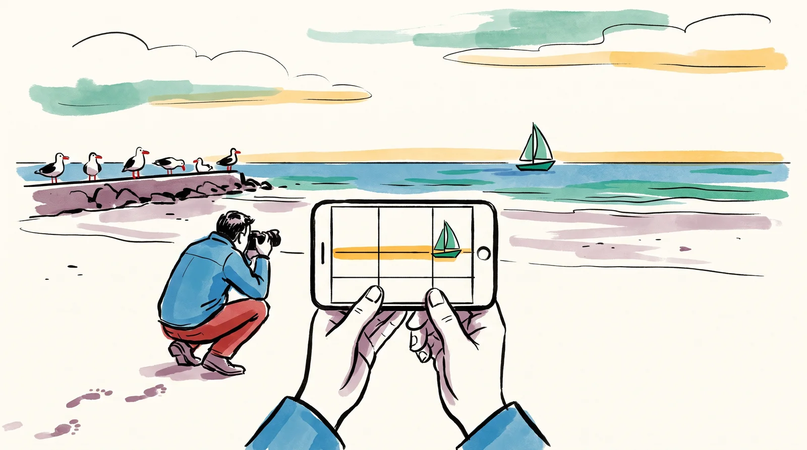 A woman crouching on a beach holds up a phone whose screen grid places a sailboat on the right-hand line and the horizon on the lower line.