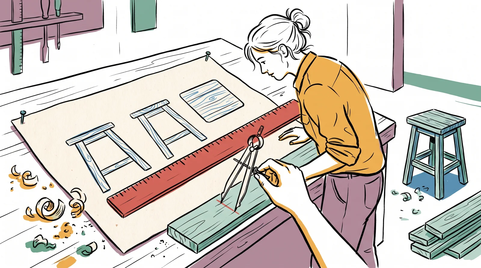 A carpenter lays a rule on a drawing of a stool shown in three flat views and uses callipers to transfer a length onto a piece of timber.