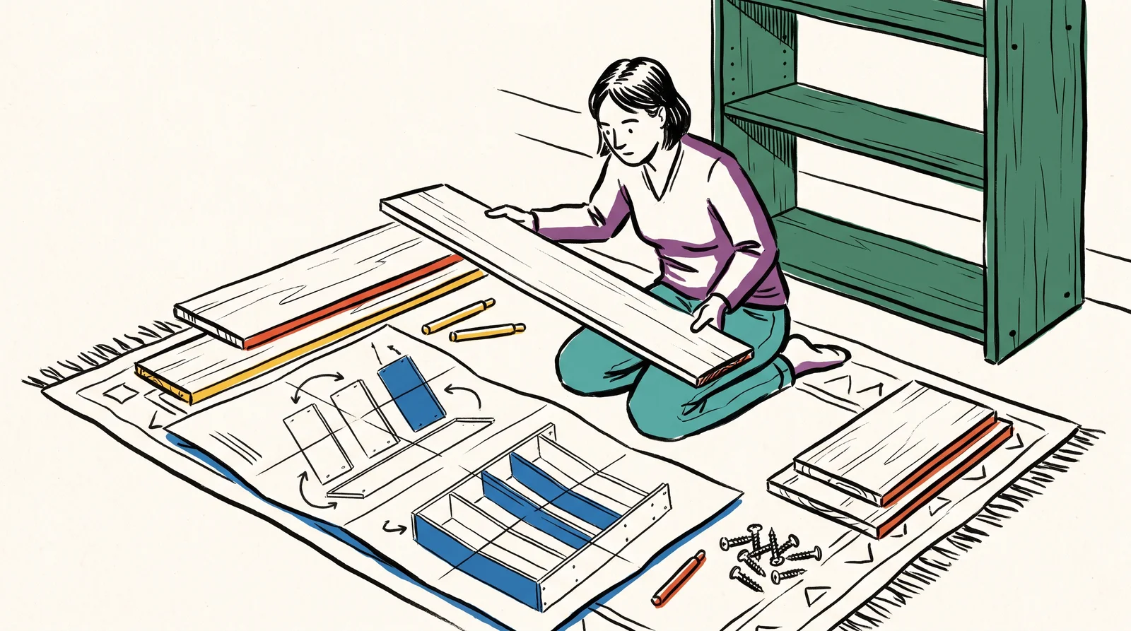 A person kneeling on a rug among shelf panels holds one against a wordless angled line drawing of the parts, with the half-built shelf behind them.