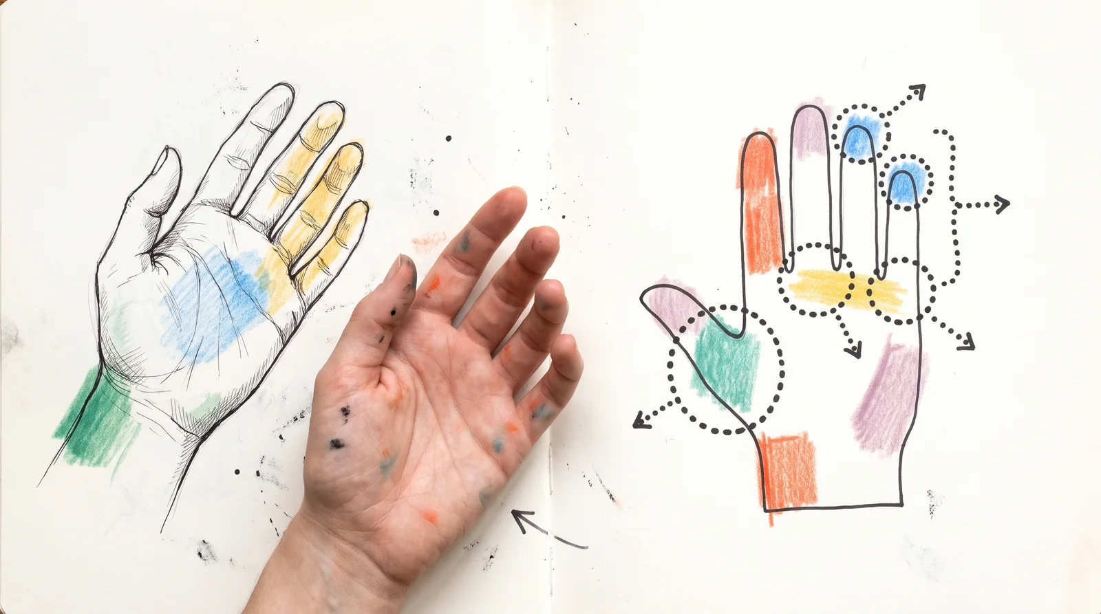 A convincing hand drawn from a real hand on the left and a stiff, mitten-like hand drawn from memory on the right, with its thumb, knuckles and fingers circled.