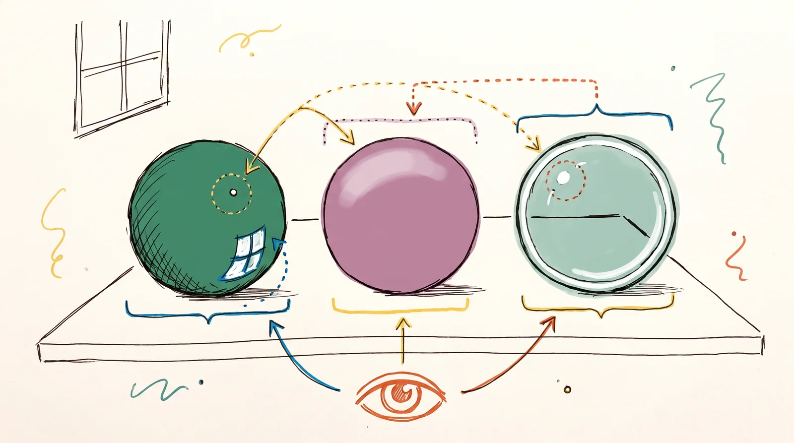 Three balls on a table under one window: shiny metal with a tiny sharp highlight, soft purple felt with a broad dull sheen, and clear glass with a bright rim.