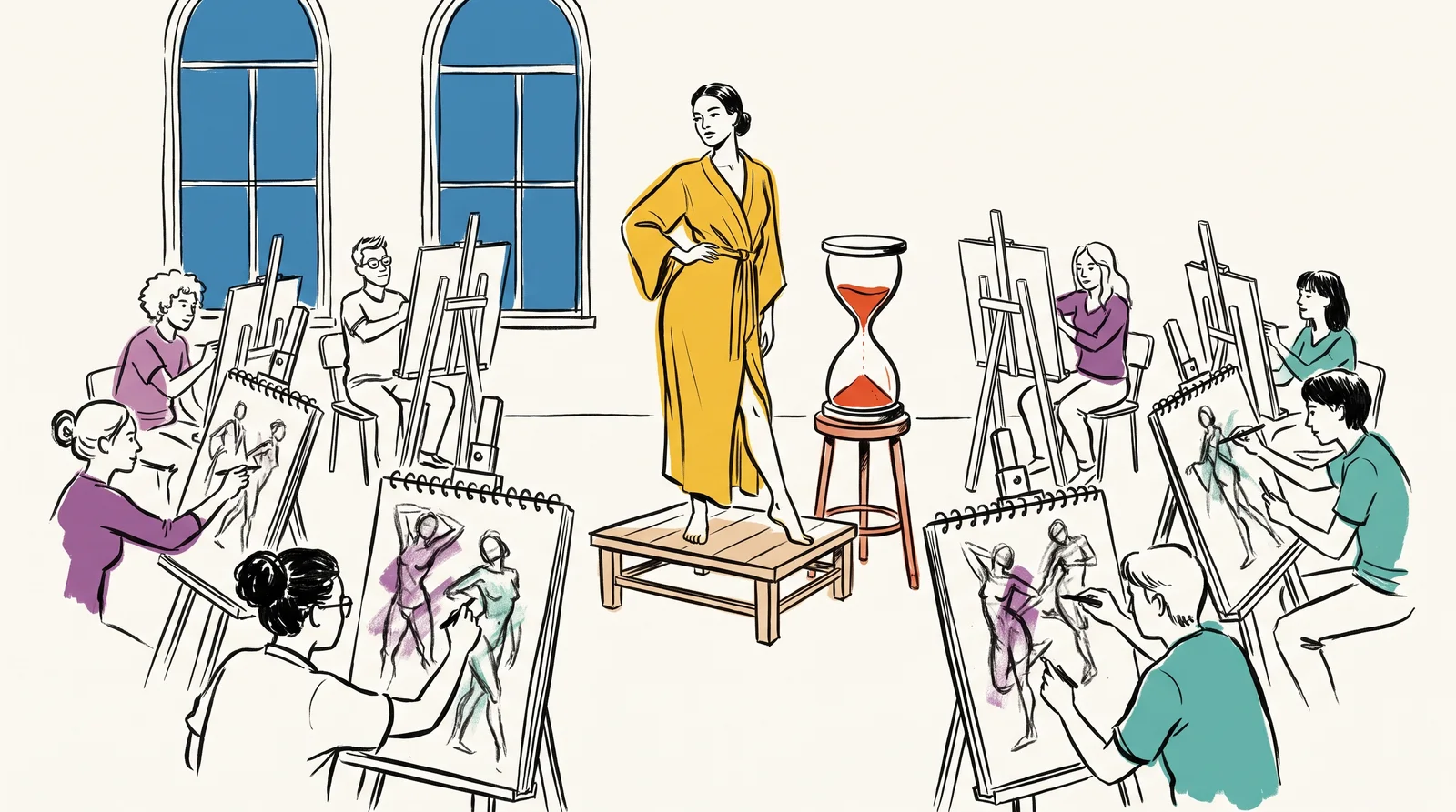 Students at easels around a draped model standing on one leg, their sheets covered in quick charcoal figures, with a sand timer nearly empty beside the platform.