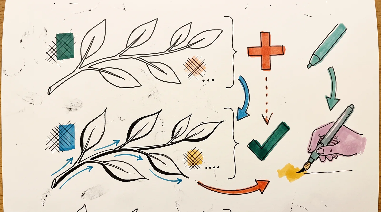 A leafy twig drawn twice, above in a stiff even line beside a stylus, below in a line that swells and tapers beside a hand holding a brush pen.
