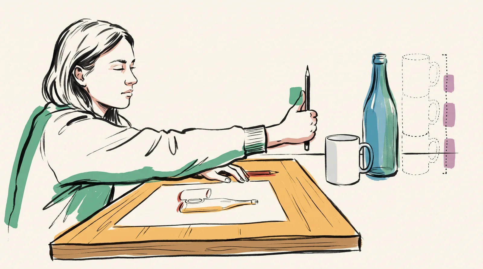 A student at a table holds a pencil at arm's length to measure a mug, with dotted mug-sized steps climbing a tall bottle beside it and a light sketch on her board.