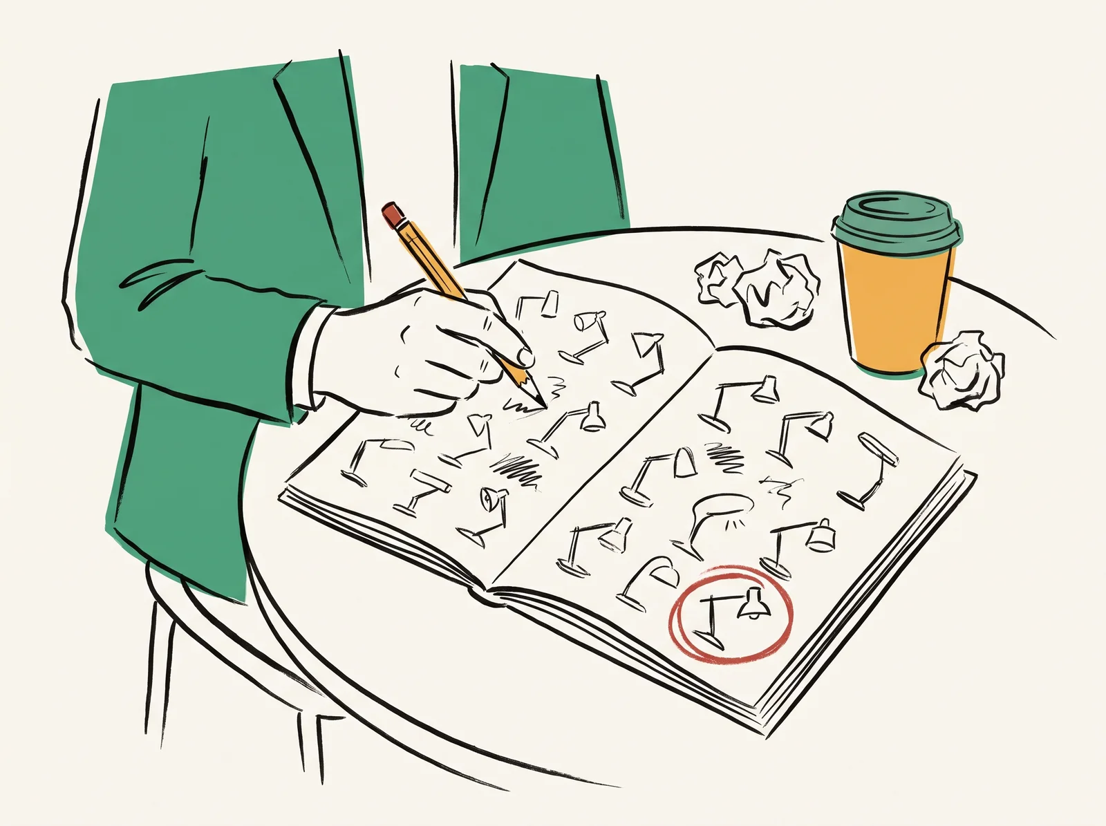 A designer at a café table sketches on a page packed with tiny rough lamp drawings, one circled in orange, with crumpled paper and a coffee cup nearby.