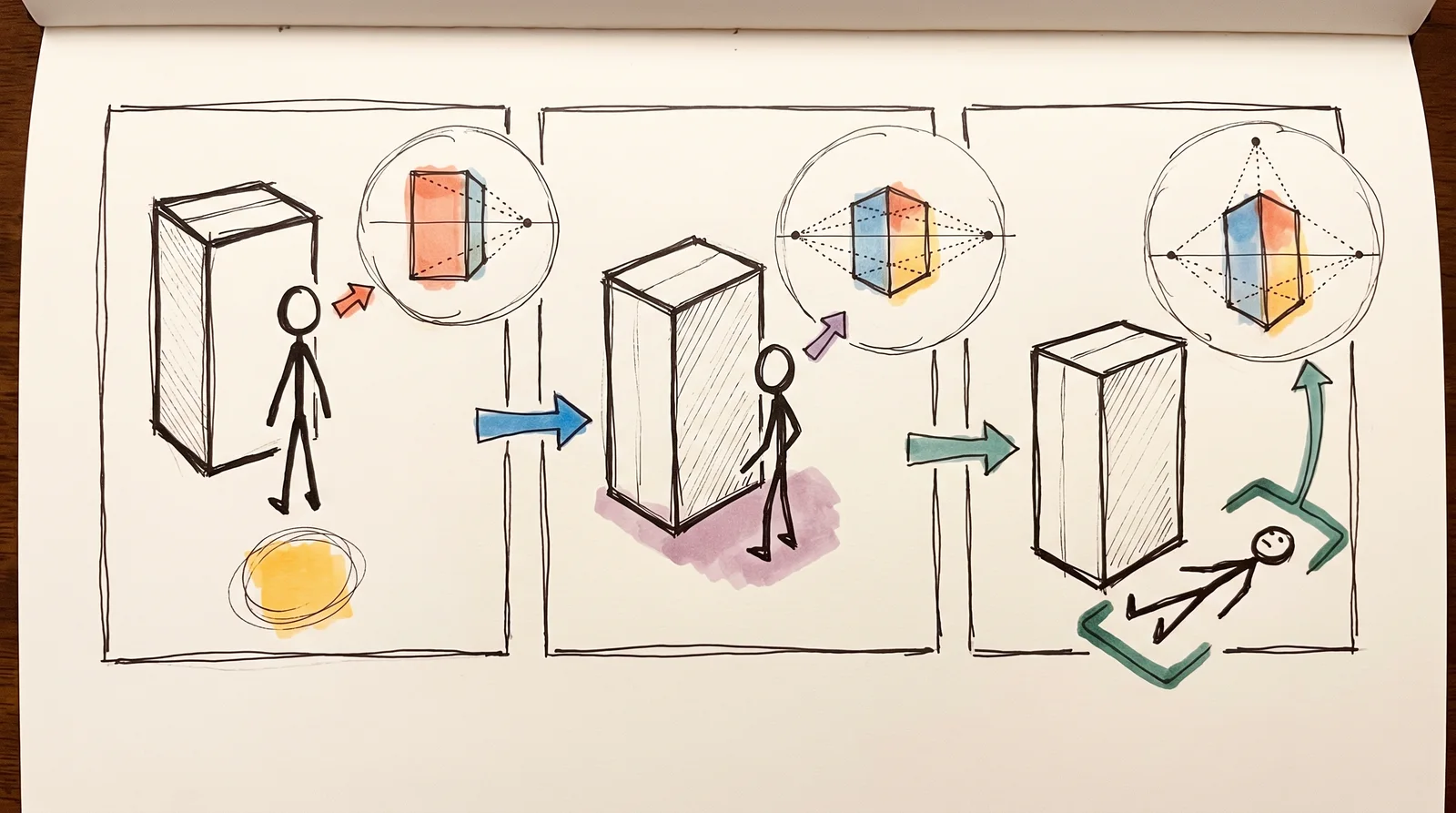 Three panels of a figure viewing a tall box from the front, from a corner and from the ground, each beside a sketch with dotted lines running to one, two or three dots.
