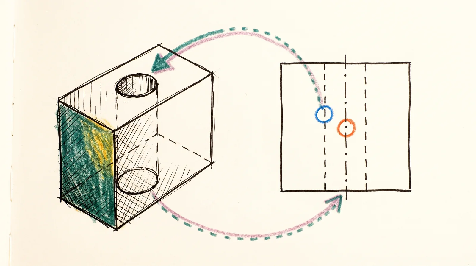 A 3D sketch of a drilled block on the left and its flat front view on the right, with solid outer edges, dashed lines for the hidden hole and a dot-dash centre line.