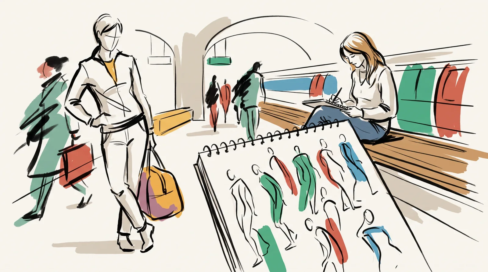 A woman on a station bench sketches a traveller leaning on one leg, her page filled with quick figures each built on one curved line.