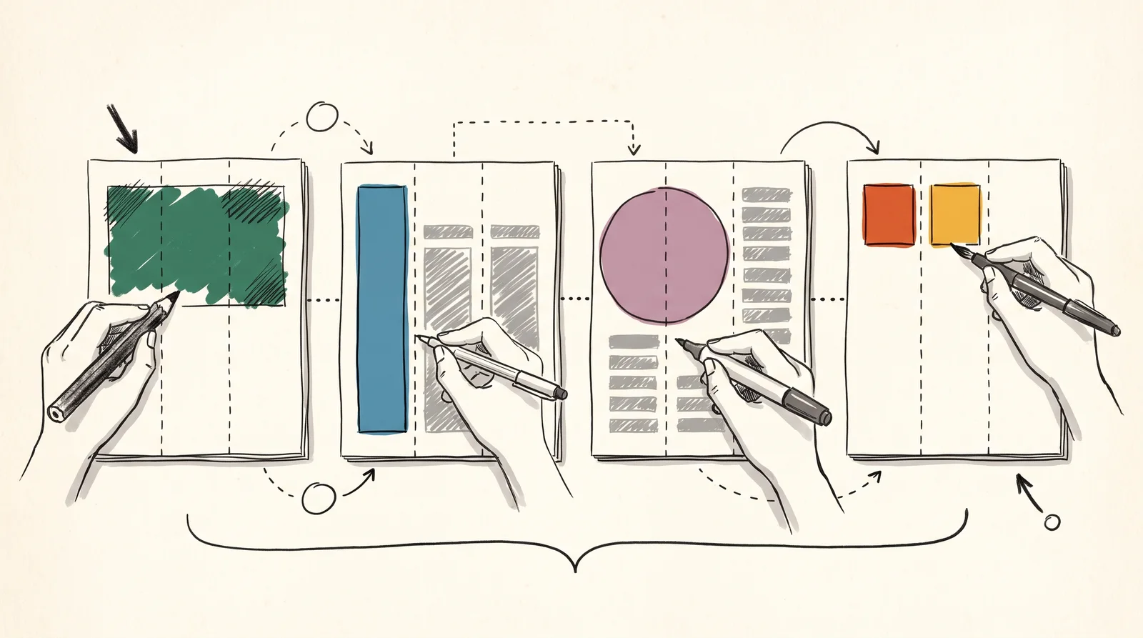 Four different magazine page layouts drawn by four hands, all sharing the same three faint column guides, joined by a bracket underneath.