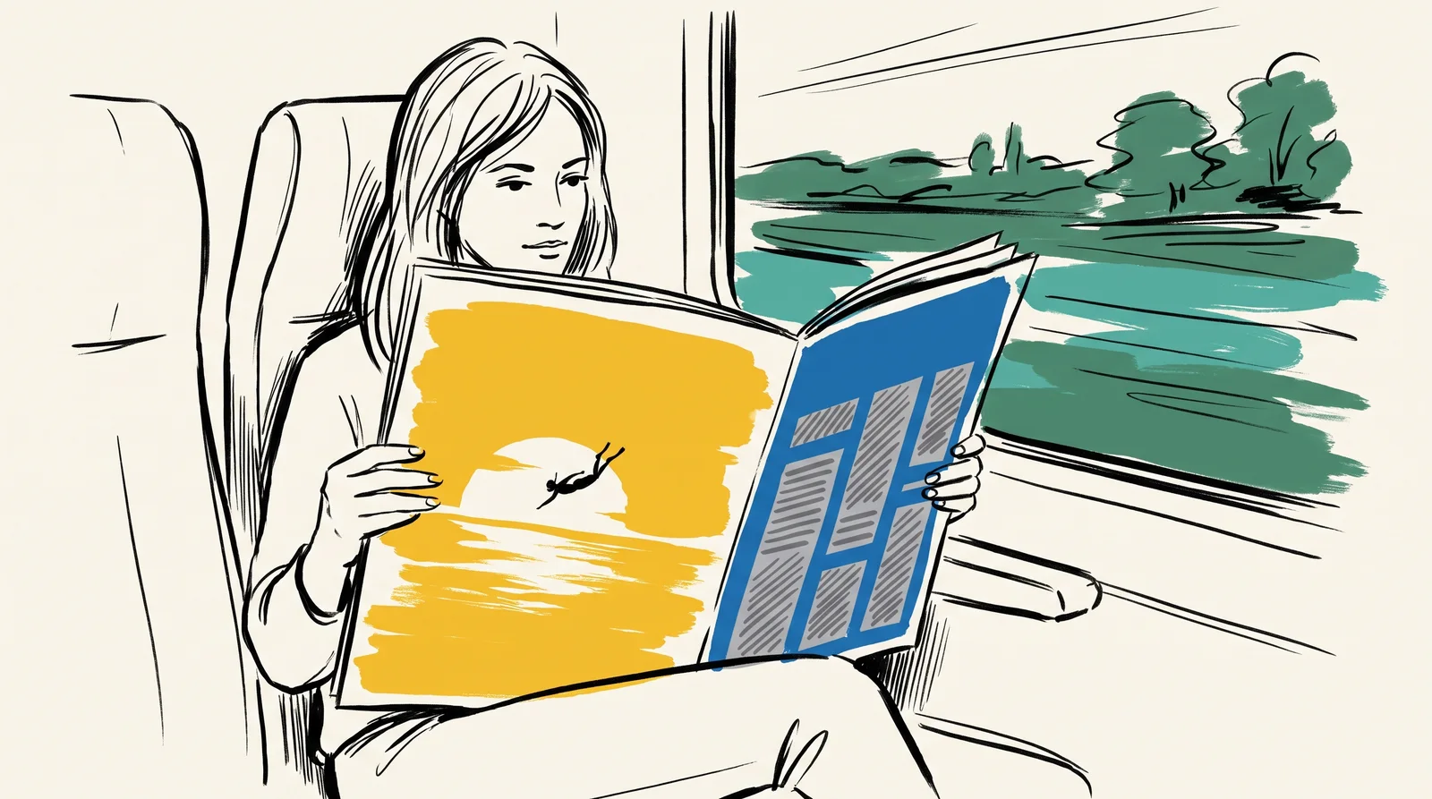 A woman on a train holds an open magazine showing a diving swimmer on the left page and a blue block with columns of grey bars on the right.