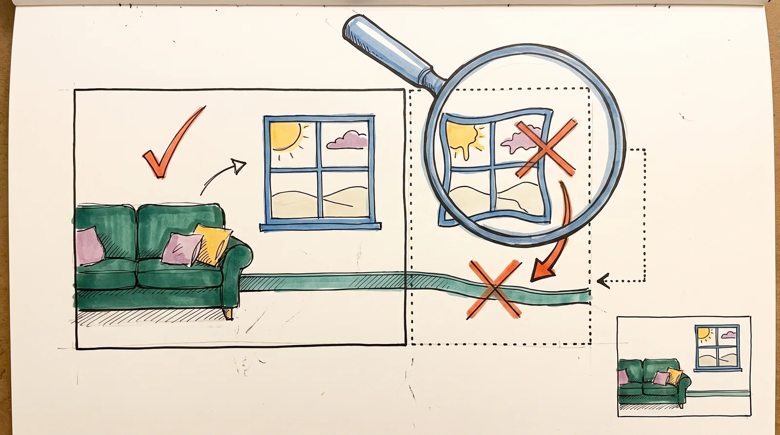 A room photo with an extra strip added on the right, where a magnifying glass shows a repeated window and a bent wall line marked with crosses.