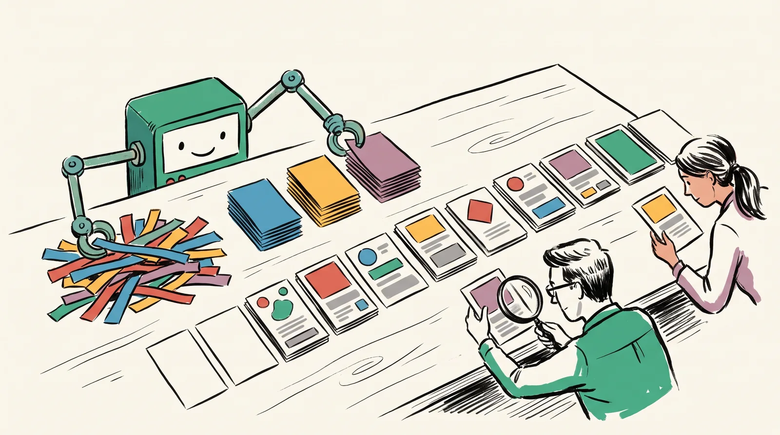 A small machine on a desk sorts paper strips into stacks and fills a row of product cards, while a designer at the end examines one card with a magnifying glass.